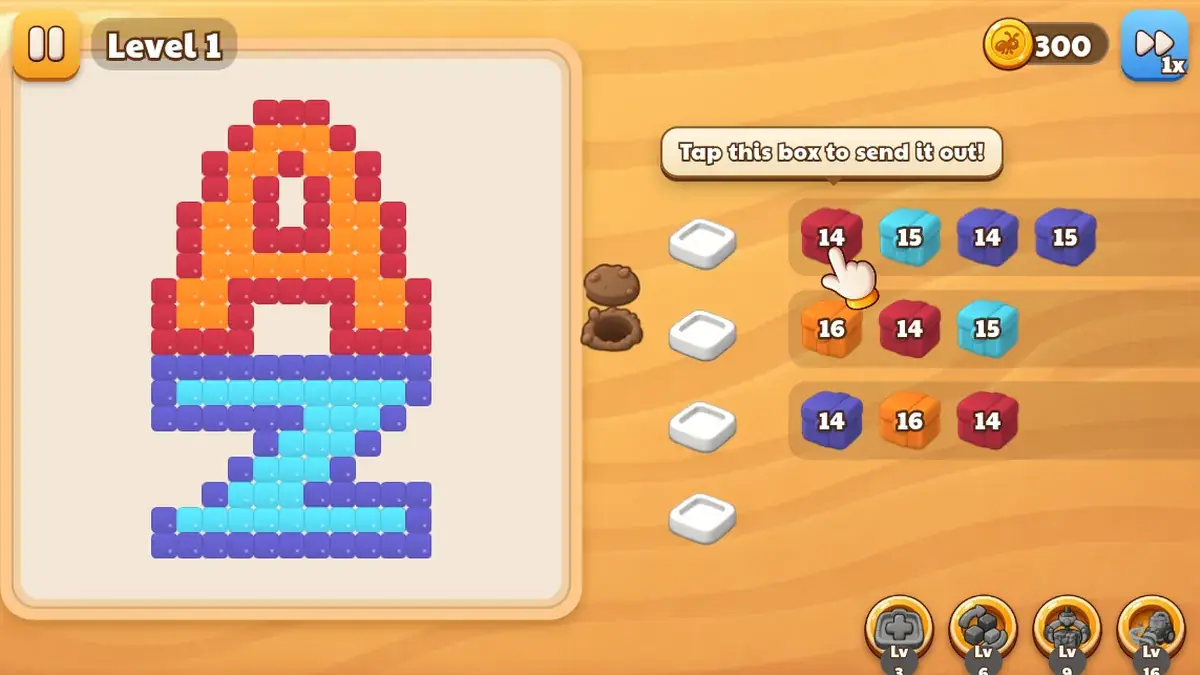 Ant Flow gameplay: ants clearing a pixel-art "AZ" picture on level 1