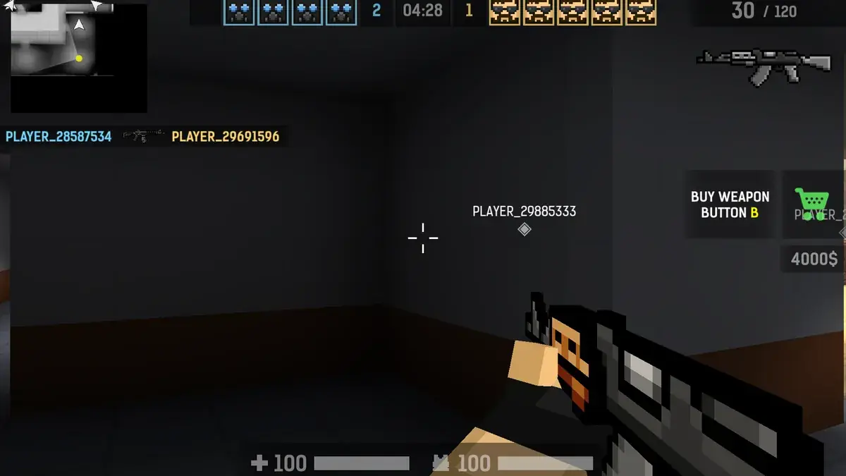 Blockpost gameplay: a voxel rifle in first person in a dark room near the buy menu