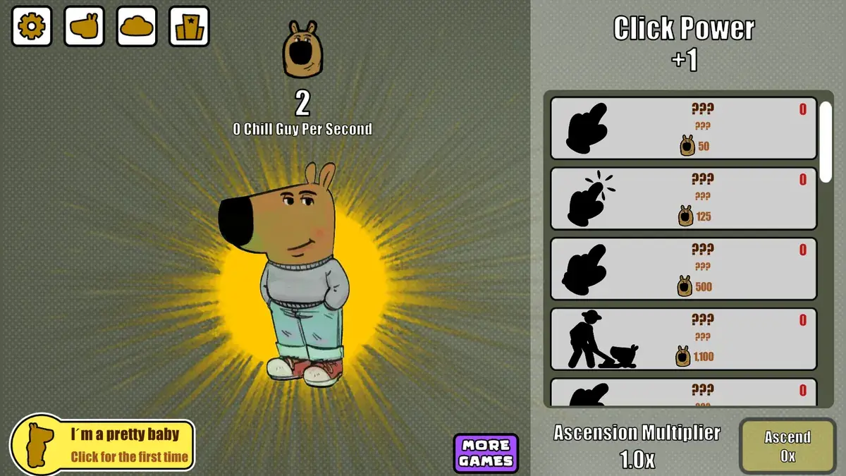 Chill Guy Clicker gameplay: the Chill Guy dog beside the Click Power upgrade list
