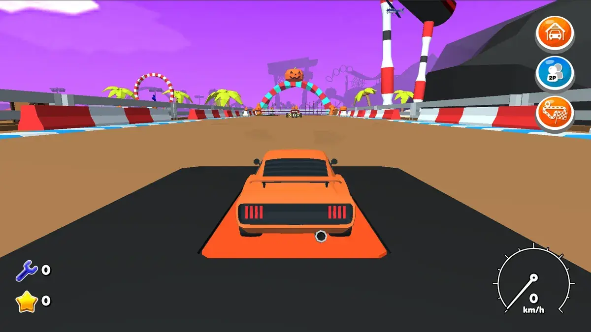 Crazy Cars gameplay: an orange muscle car on a track lined with fairground rides