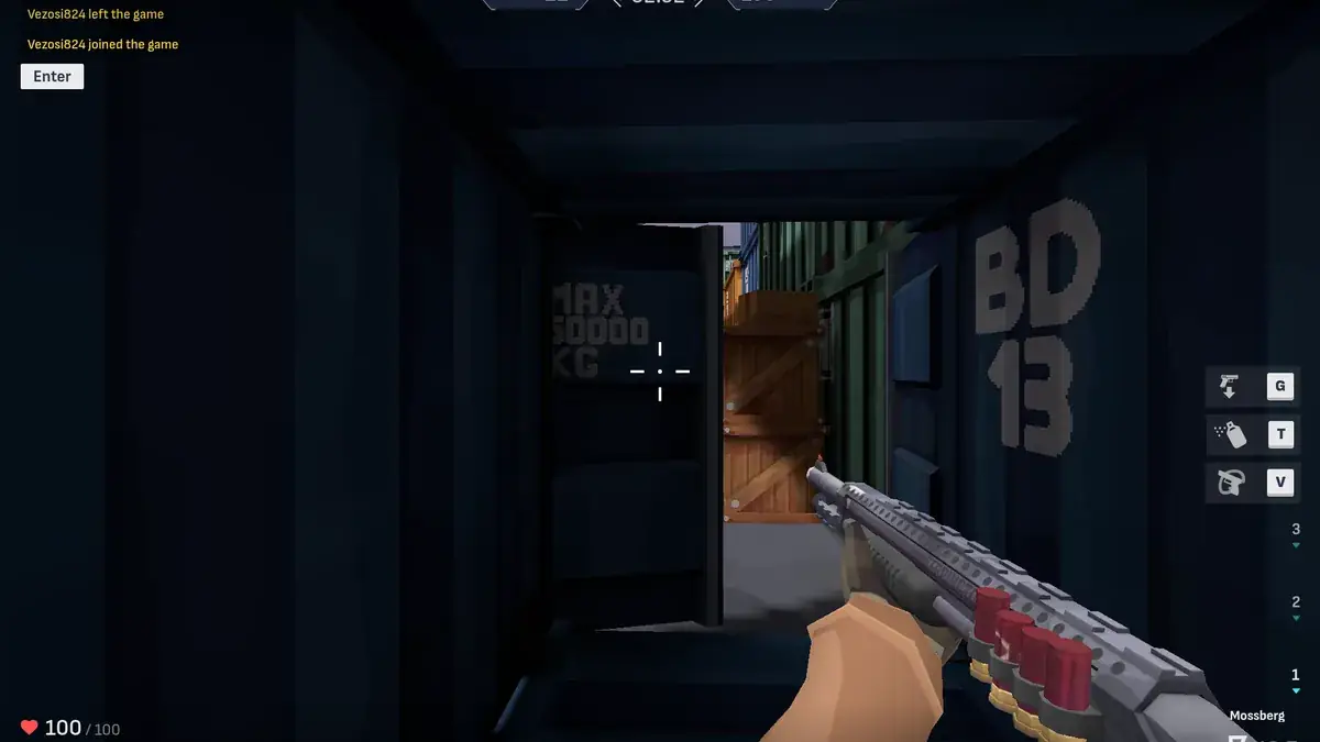 Cryzen.io gameplay: a patterned rifle inside a dark shipping container
