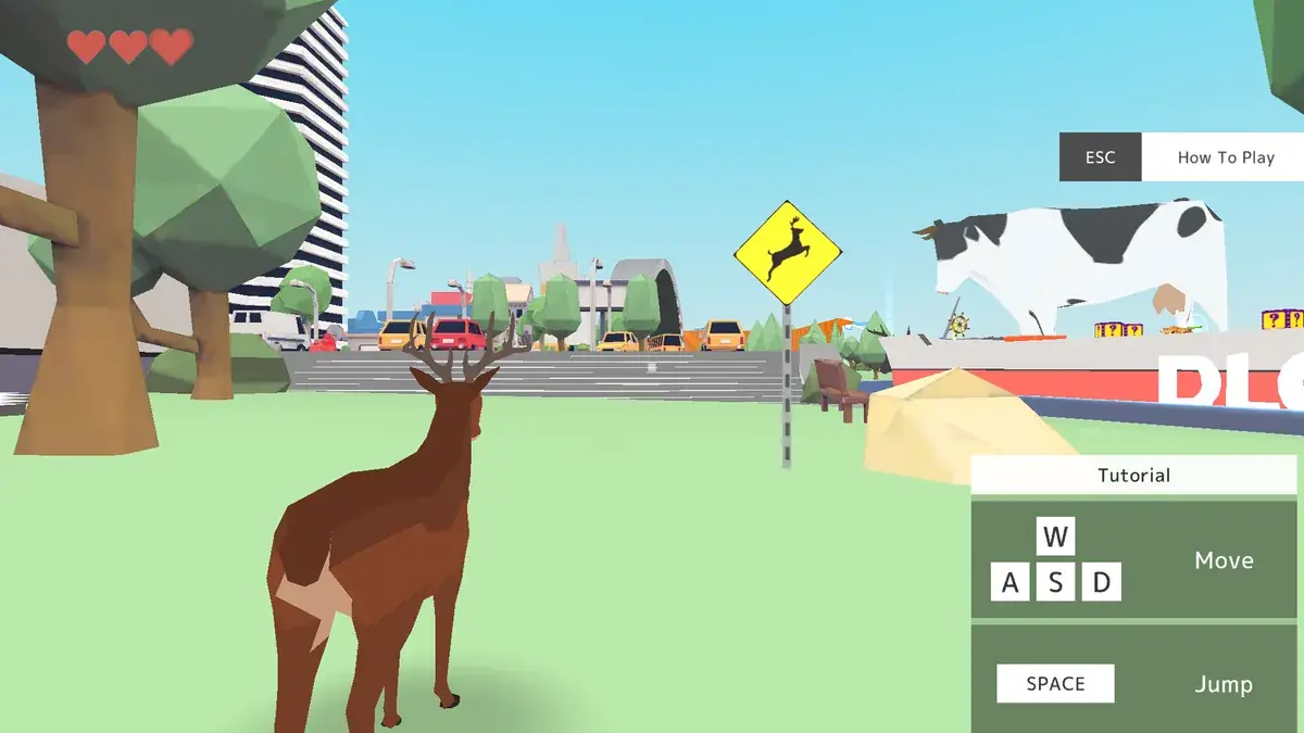 Deer Simulator gameplay: a low-poly deer standing by a deer-crossing sign in town