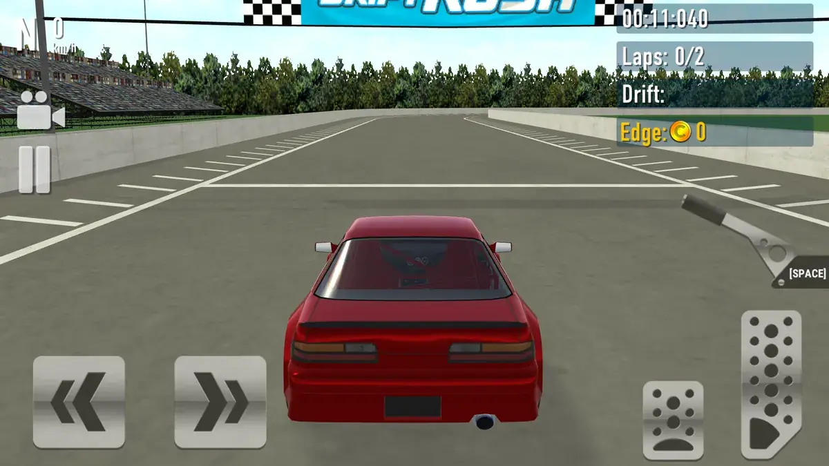 Drift Rush gameplay: a red sports car on the start grid with touch pedals