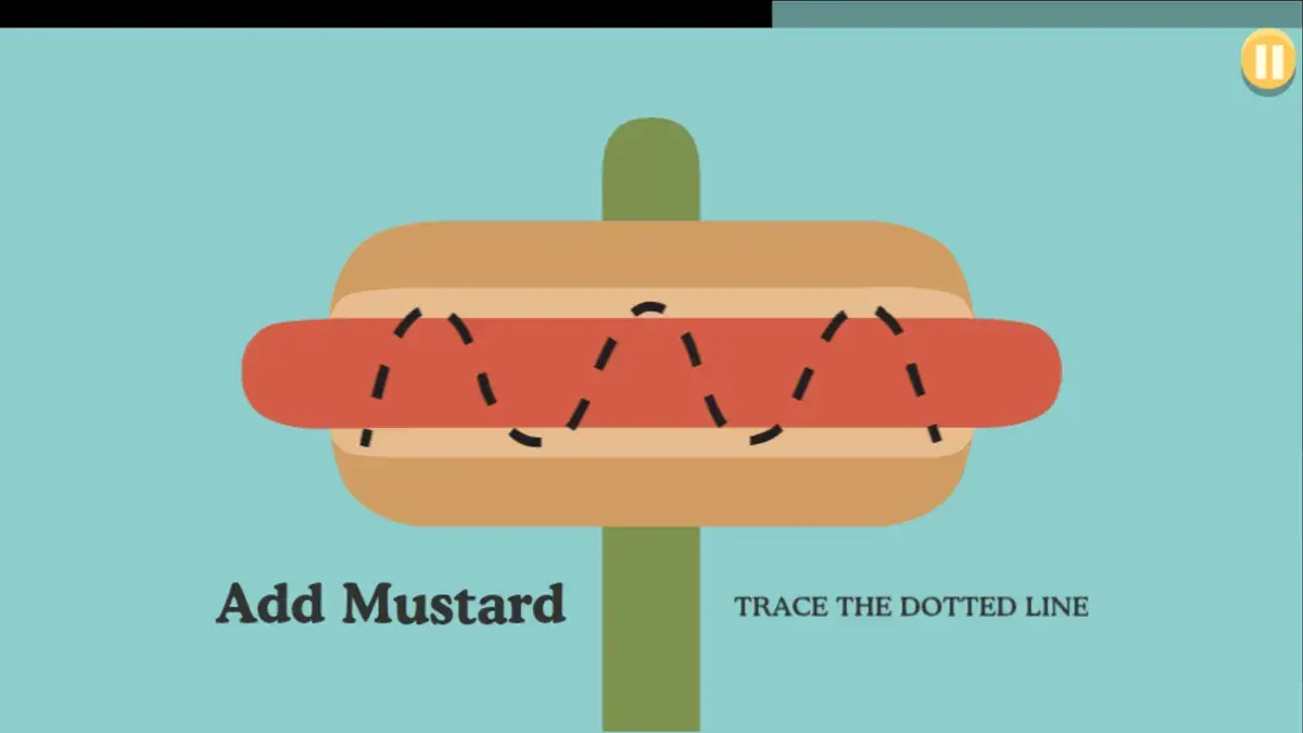 Dumb Ways to Die gameplay: the "Add Mustard" mini-game, tracing a dotted line on a hot dog