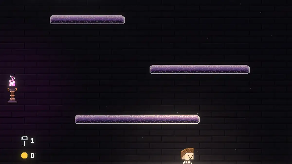 Endless Jump gameplay: the pixel hero below floating purple platforms in a dark tower