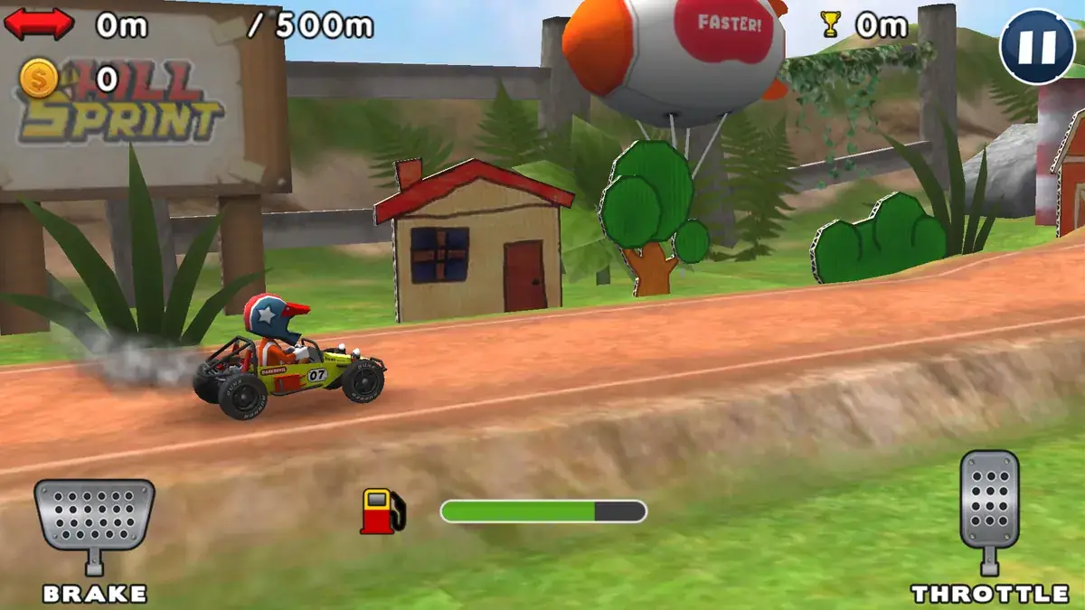 Hill Sprint gameplay: a racing kart on a dirt road with brake and throttle pedals