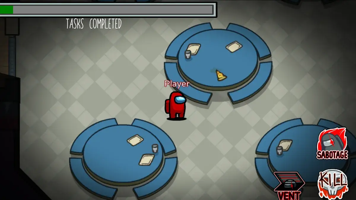 Impostor gameplay: a red crewmate between round tables in the cafeteria