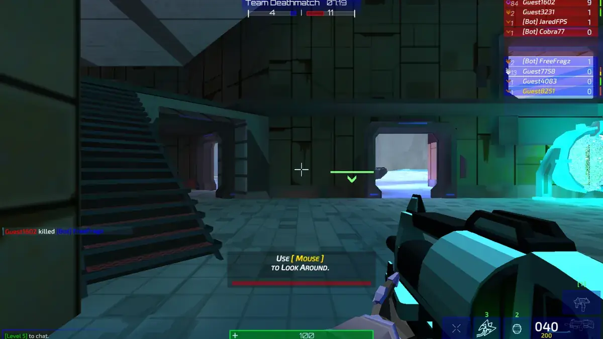 Repuls.io gameplay: a futuristic plasma rifle in a neon-lit corridor