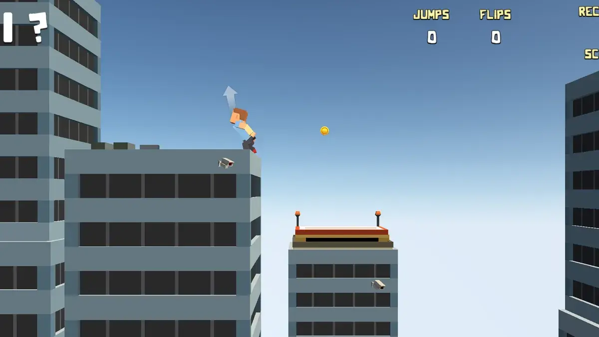 Rooftop Flip gameplay: the runner mid-flip between two office tower rooftops