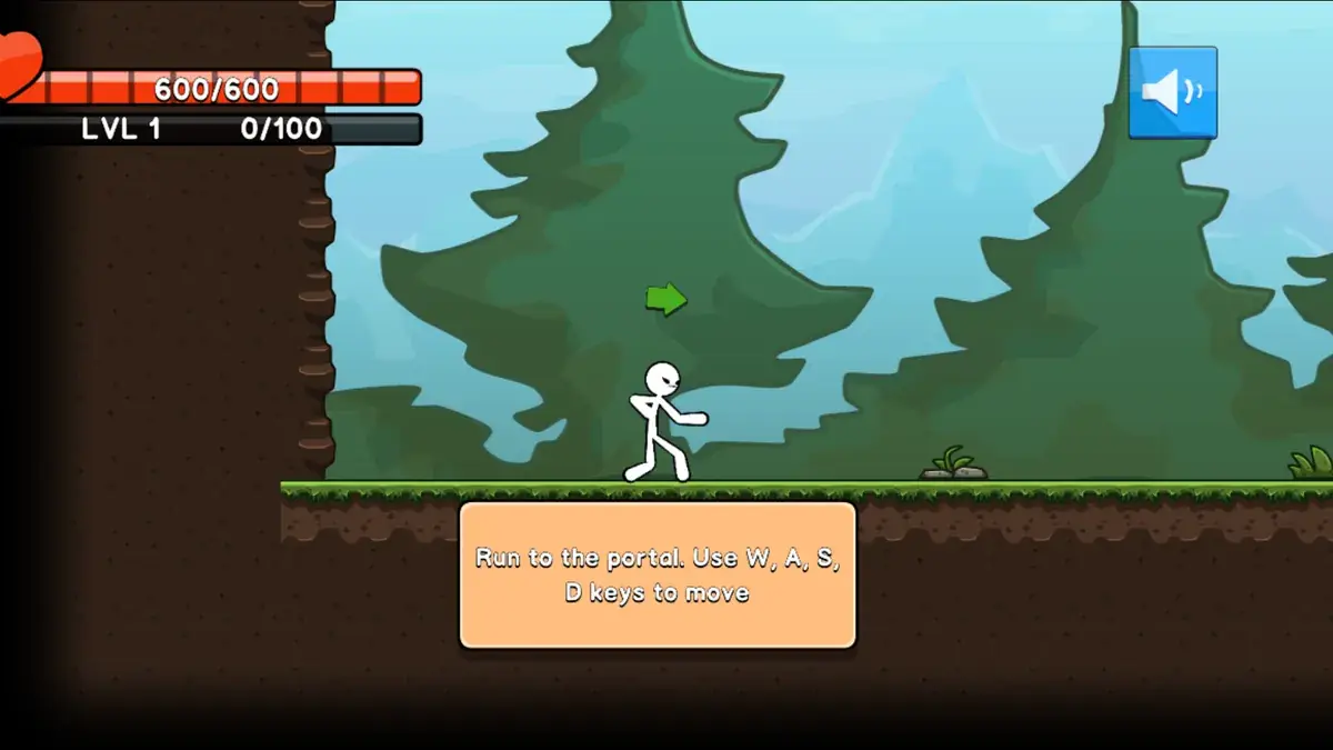 Stickman Archero Fight gameplay: a stickman in a pine forest reading the movement tutorial